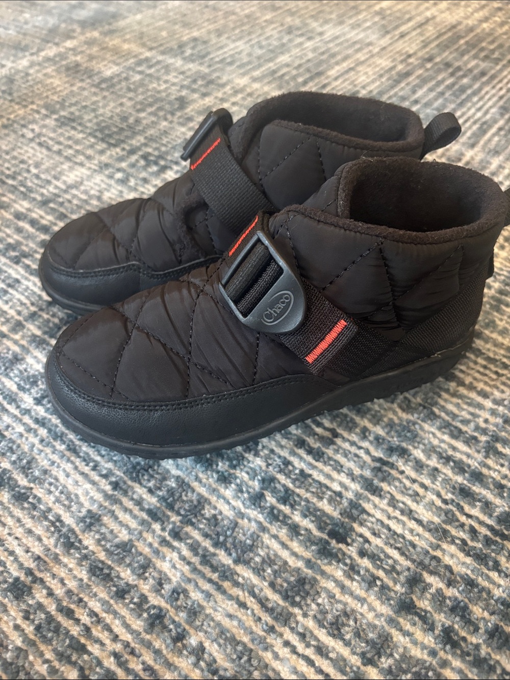 Chaco Kids Black Quilted Ankle Boots with Red Accent Strap